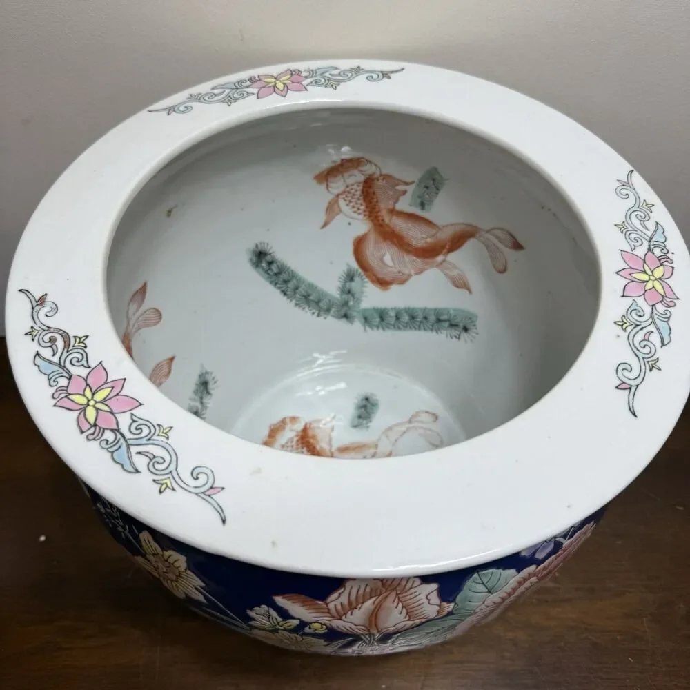 Vintage Porcelain Asian Fish Bowl Planter Pot Koi Chinoiserie 12x10 Blue Floral
